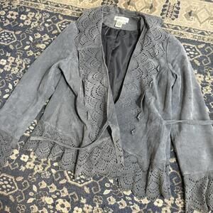 Newport News genuine leather blazer jacket size M boho western laser-cut suede